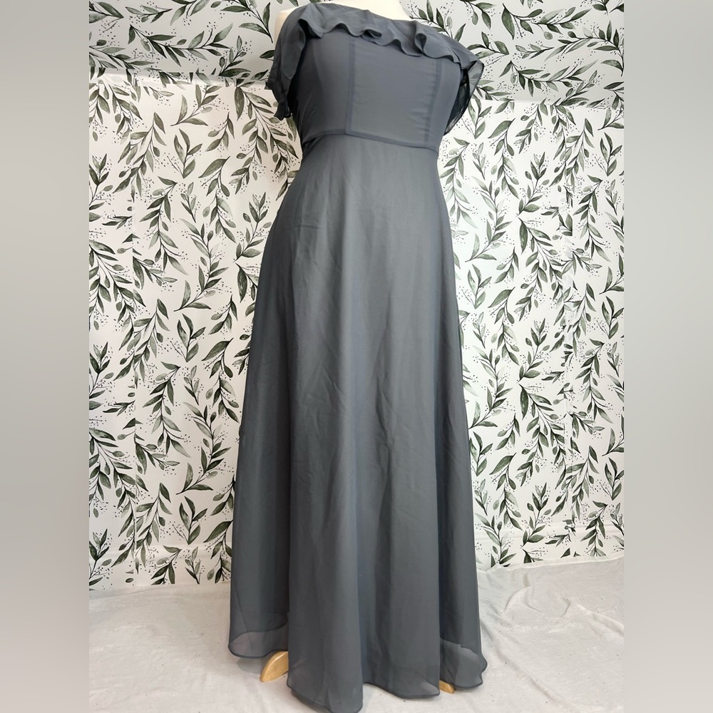 Gray Off-Shoulder Ruffle Formal Gown Maxi Dress Sz 14 L Evening Prom Wedding #4 - Picture 8 of 13
